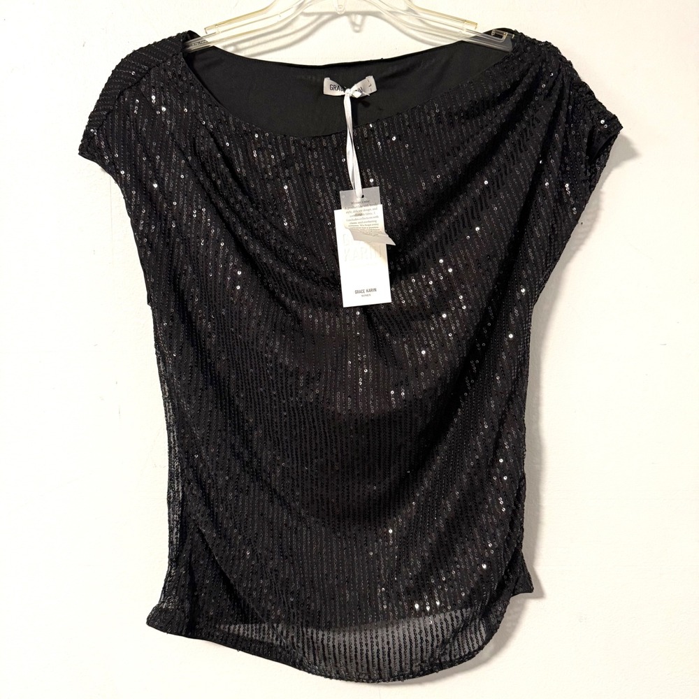 Grace Karin Black Sequin Cowl Neck Draped Cap Sleeve Party Top Large NEW